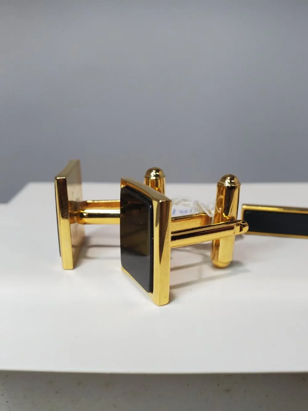 Vintage 14K Gold-Plated Brass Black Enamel Tie Clip & Cufflinks 3 Pc Set